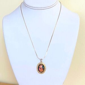 Necklace Pendant Vtg Foil Art Domed Rainbowflake Victorian Style Ornate